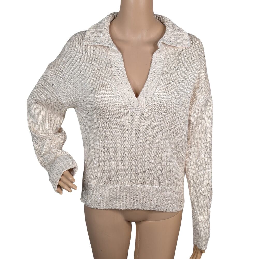 J Crew Sequin Polo Sweater XS Ivory Silver Stardust Chunky Knit Holiday Ribbed - Picture 5 of 13